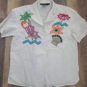 I.B. Diffusion Vintage Linen Blend Tropical Beaded Top Womens Size 6